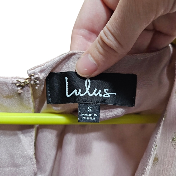 Lulus Delight at Dawn Gold and Mauve Print Surplice Romper Small - Picture 8 of 13